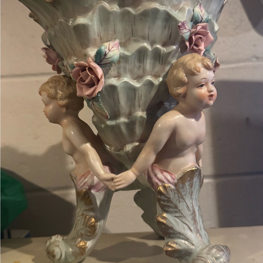 Victorian from 1880s Cherub Vase with Pink and Gold Accents